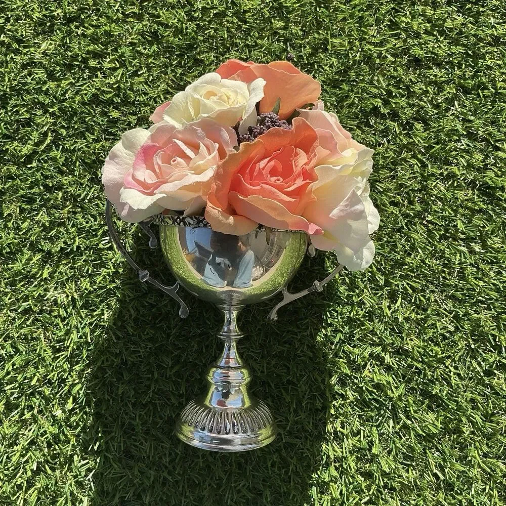 Vintage Silverplate Style Footed Urn Vase Double Handle Faux Rose Arrangement 7”